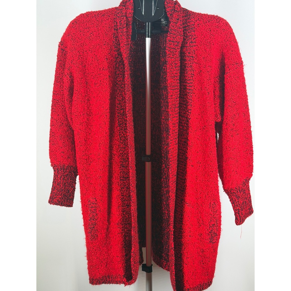 Monto por le Chois Red Black Boucle Knit Open Front Cardigan Sweater Pockets M